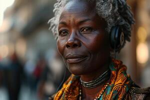 ai gegenereerd detailopname portret van een ouderen Afrikaanse Amerikaans vrouw vervelend hoofdtelefoons Aan een stad straat foto