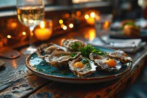 ai gegenereerd vers oesters in een bord met ei dooier in een bord Aan de tafel in een restaurant foto