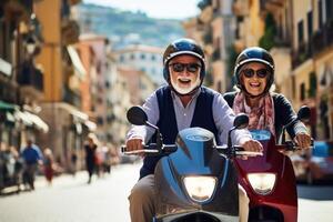 ai gegenereerd een ouderen vrolijk emotioneel paar in oscars ritten een scooter langs een stad straat foto