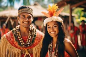 ai gegenereerd portret van een gelukkig Mens en vrouw in nationaal kostuums Aan vakantie tegen de achtergrond van natuur. Polynesië foto