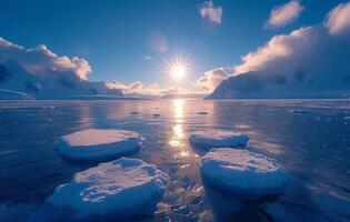 ai gegenereerd zonlicht verlicht ijs Aan de Open zee creëren een sprankelend, globaal temperatuur stijgen afbeelding foto