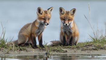 ai gegenereerd twee jong uitrusting vossen spelen Aan de grasland in de buurt de water, baby dieren beeld foto