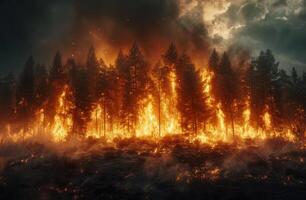 ai gegenereerd Woud brand laaiend Bij nacht met vlammen verhelderend de duisternis, biodiversiteit verlies afbeelding foto