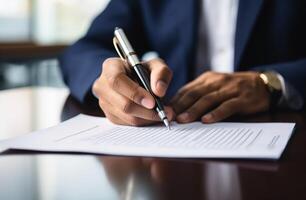 ai gegenereerd hand- Holding pen schrijft Aan document creëren een handgeschreven Notitie of handtekening Aan papier, zakelijke papier rapporten beeld foto