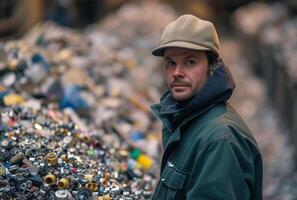 ai gegenereerd mannen in groen werk sorteren vuilnis recycling factor, verontreiniging en industrieel gevolg beeld foto