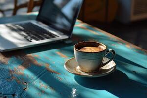 ai gegenereerd koffie kop en laptop Aan blauw tafel, koffie mok beeld hd foto