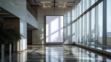 ai gegenereerd een hoog aanplakbord staat in de kantoor gebouw lobby zichtbaar door groot glas ramen, branding afzet beeld foto