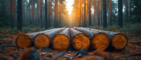 ai gegenereerd hout logboeken verspreide in de Woud, ontbossing en loggen beeld foto