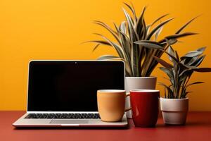 ai gegenereerd laptop met koffie cups en bureaublad items Aan geel achtergrond, koffie mok beeld hd foto