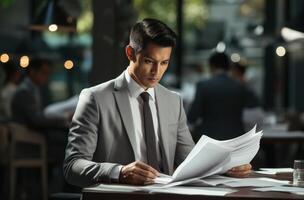 ai gegenereerd Aziatisch Mens gebruik makend van een laptop terwijl Holding papieren voor werk of studie, zakelijke papier rapporten afbeelding foto