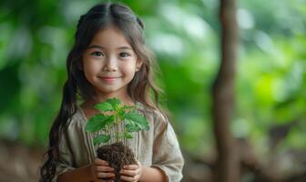 ai gegenereerd gelukkig meisje Holding een fabriek door een boom, kinderen aanplant bomen afbeelding foto