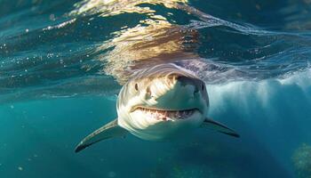 ai gegenereerd majestueus wit haai glijden in de buurt de oceaan oppervlakte presentatie van haar macht en dominantie in haar natuurlijk leefgebied, onderwater- marinier leven afbeelding foto