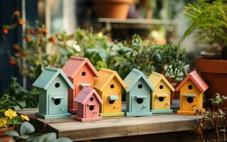 ai gegenereerd zes levendig vogelhuisjes resting Aan tuin stappen toevoegen charme en kleur naar de buitenshuis ruimte, buitenshuis verkleinen afbeelding foto
