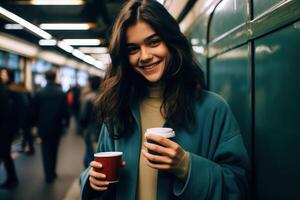 ai gegenereerd jong vrouw geniet een koffie in voorkant van een metro trein, openbaar vervoer stad afbeelding foto