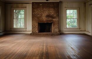 ai gegenereerd ruim huis met hout vloeren en een knus steen haard, verkleind huis renovaties beeld foto