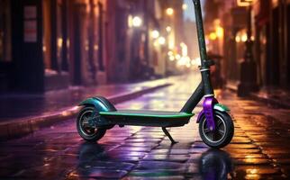 ai gegenereerd elektrisch scooter weergegeven in een stad instelling, openbaar vervoer stad afbeelding foto