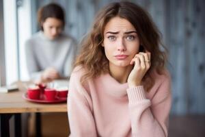 ai gegenereerd verdrietig vrouw wacht in cafe verlangen voor iemand aankomst, afwijzing en scheidingen aanvaarding afbeelding foto