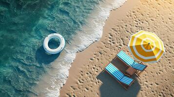 ai gegenereerd strand paraplu stoelen, opblaasbaar ring Aan strand zand. zomer vakantie concept.top visie ai gegenereerd foto