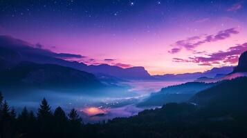 ai gegenereerd bergen in mist Aan mooi nacht. landschap met hoog berg vallei, laag wolken, Woud, Purper lucht met sterren, verhelderend de stad Bij zonsondergang ai gegenereerd foto