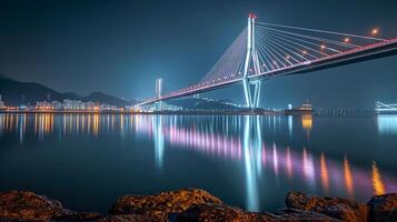 ai gegenereerd sereen nacht tafereel met een architectonisch modern brug ai gegenereerd foto