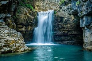 ai gegenereerd sereen beeld vangt pittoreske waterval vloeiende naar beneden rotsachtig klif. de waterval is omringd door gekarteld rotsen en groen, wijzend op natuurlijk, mogelijk afgelegen plaats ai gegenereerd foto