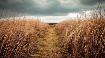 ai gegenereerd versmallen traject snijdend door hoog gras. de gras Aan of kant van de pad zijn dicht en verschijnen naar worden zwaaiend, geven dynamisch voelen naar de tafereel. ai gegenereerd foto