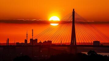 ai gegenereerd verbijsterend foto van zonsondergang met een oranje en geel helling lucht. de zon is prominent zichtbaar, instelling achter de silhouet van suspensie brug. stadsgezicht silhouet ai gegenereerd