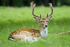 ai gegenereerd majestueus hert met indrukwekkend gewei, resting vredig Aan een weelderig groen veld- ai gegenereerd foto