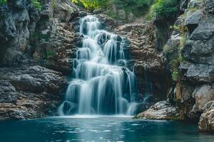 ai gegenereerd sereen beeld vangt pittoreske waterval vloeiende naar beneden rotsachtig klif. de waterval is omringd door gekarteld rotsen en groen, wijzend op natuurlijk, mogelijk afgelegen plaats ai gegenereerd foto