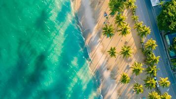 ai gegenereerd tropisch strand met Doorzichtig blauw wateren, gouden zand, en weelderig groen palm bomen. de beeld vangt een antenne visie van pittoreske tropisch strand gedurende de gouden uur ai gegenereerd foto