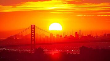 ai gegenereerd verbijsterend foto van zonsondergang met een oranje en geel helling lucht. de zon is prominent zichtbaar, instelling achter de silhouet van suspensie brug. stadsgezicht silhouet ai gegenereerd