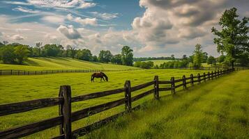 ai gegenereerd spleet het spoor hek strekt zich uit aan de overkant de platteland, verdelen de weelderig groen velden, en paard schaafwonden vredig dichtbij, lang blootstelling fotografie ai gegenereerd foto