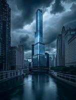 ai gegenereerd foto van dramatisch stadsgezicht met torenhoog wolkenkrabbers, sereen rivier, prominent glas wolkenkrabber staat in de centrum. omgeving gebouwen creëren dicht stedelijk milieu ai gegenereerd