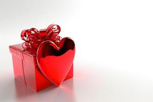 ai gegenereerd romantisch gebaar top visie van 3d hart geschenk doos met rood lint, leeg ruimte, ai gegenereerd foto