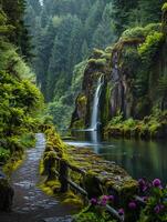 ai gegenereerd sereen beeld vangt pittoreske tafereel van natuur met waterval, Woud, vijver en rotsachtig ai gegenereerd foto