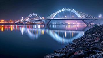 ai gegenereerd sereen nacht tafereel met een architectonisch modern brug ai gegenereerd foto