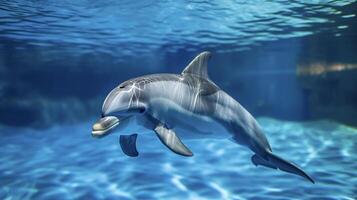 ai gegenereerd dolfijn ondergedompeld in water, met haar bovenste lichaam en hoofd zichtbaar ai gegenereerd foto