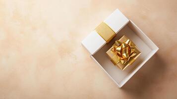 ai gegenereerd gouden elegantie onthuld 3d top visie van luxe geschenk doos met lint, leeg ruimte, ai gegenereerd foto