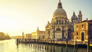 ai gegenereerd foto van majestueus, historisch gebouw met ingewikkeld bouwkundig details, staand naast sereen lichaam van water onder Doorzichtig lucht. de gebouw heeft groot koepel Bij de top ai gegenereerd