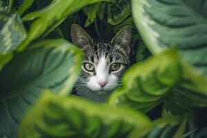 ai gegenereerd kat peering door groot, levendig groen bladeren ai gegenereerd foto