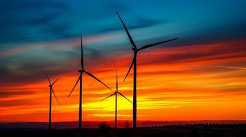 ai gegenereerd foto van wind turbines aftekenen tegen levendig zonsondergang. hieronder de horizon zou moeten worden verduisterd landschap, vredig instelling ai gegenereerd