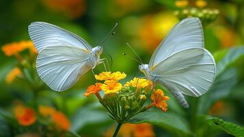 ai gegenereerd foto wit vlinders met zwart contouren Aan hun Vleugels, neergestreken Aan levendig geel bloemen. de vlinders zijn omringd door talrijk vergelijkbaar bloemen ai gegenereerd
