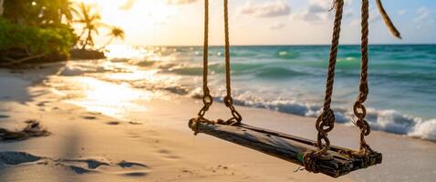 ai gegenereerd detailopname van schommel Aan exotisch tropisch strand met visie Aan oceaan en kustlijn. vakantie concept, zonnig natuurlijk achtergrond ai gegenereerd foto