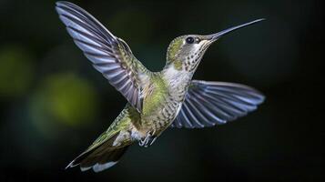 ai gegenereerd klein vogel vliegend tegen groen achtergrond ai gegenereerd foto