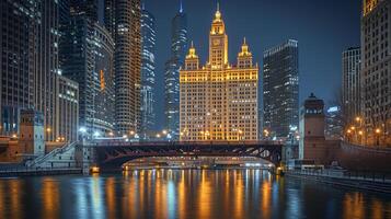 ai gegenereerd 's nachts stadsgezicht met hoog gebouwen, een brug, en een rivier- ai gegenereerd foto