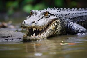 ai gegenereerd portret van een zout water krokodil in daintree regenwoud, Australië foto