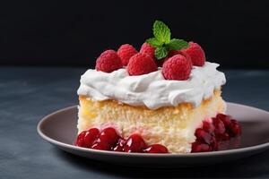 ai gegenereerd Latijns Amerikaans tres leches taart met geslagen room en frambozen foto