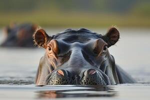 ai gegenereerd nijlpaard hoofd opkomend van de water. de water heeft teder rimpelingen, wijzend op rust ai gegenereerd foto