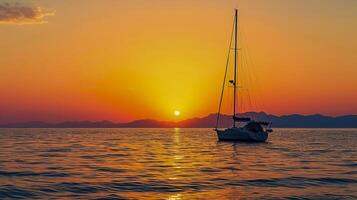 ai gegenereerd zeilboot verankerd Bij zee gedurende een adembenemend zonsondergang ai gegenereerd foto