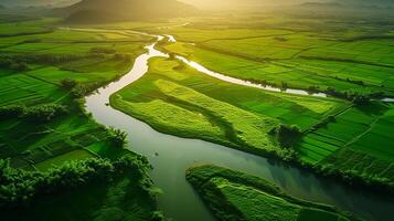 ai gegenereerd weelderig groen landschap kalmte rivier, de zon gieten lang schaduwen. de rivier- zou moeten meander door de landschap, reflecterend de lucht ai gegenereerd foto